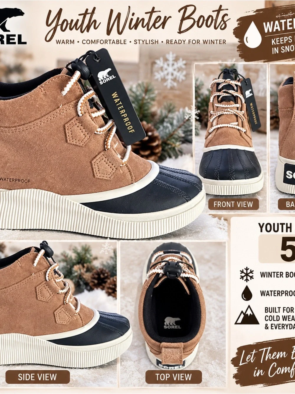 Sorel Youth Waterproof Winter Boots - Brown/Black